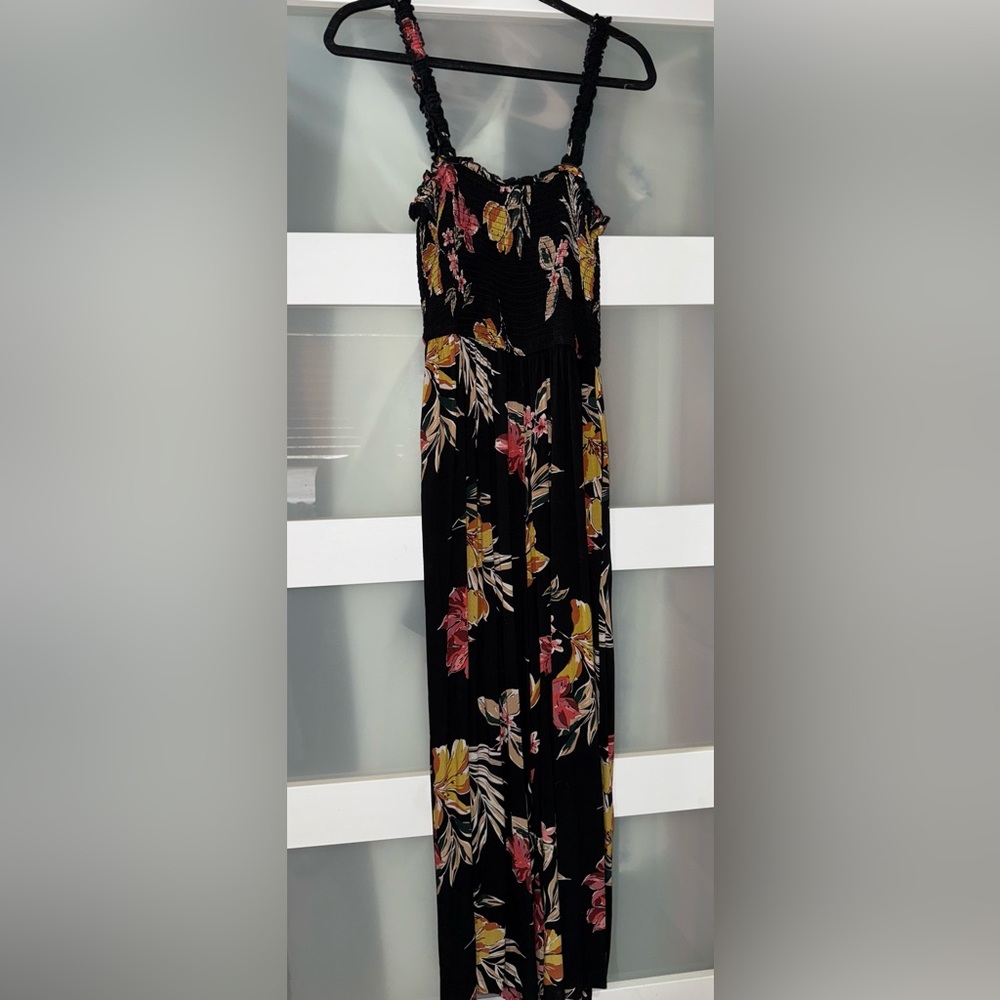 Floral Smocked Bust Black Jumpsuit with Pink & Mustard Flowers